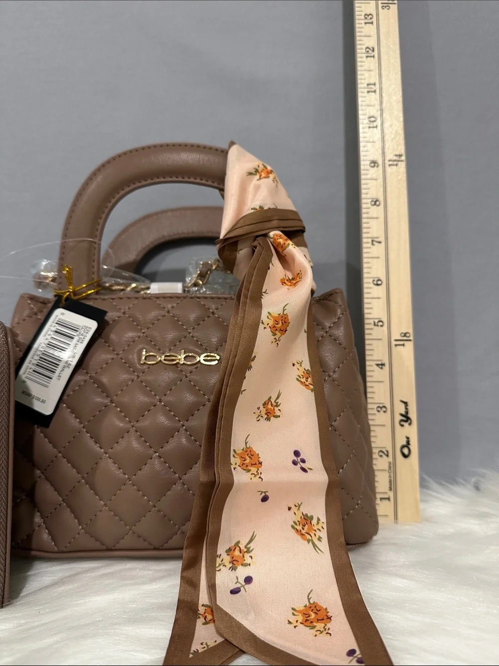 Bebe Sofie Small Quilted Satchel w Wallet in Taupe Crossbody Chain NWT